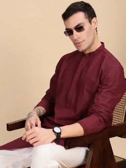 Sanwara - Men’s Maroon Kurta with Pyjama Designed with Elegant Handcrafted Thread Art