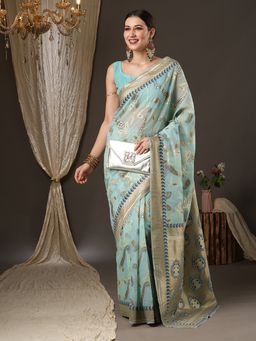 Akhilam - Womens Cotton Blend Blue Woven Design Designer Saree with Unstitched Blouse