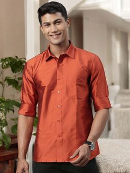 TATTVA - Mens Orange Toned Polyester Opaque Slim Shirt