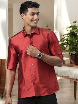 TATTVA - Mens Cherry Red Toned Polyester Opaque Slim Shirt