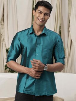 TATTVA - Mens Teal Green Toned Polyester Opaque Slim Shirt