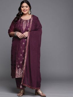 Extra love by Libas - Plus Size Women Purple Self Design Silk Blend Straight Kurta Sets for Women