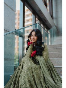 Ahi Clothing - Green Chikankari Sweetheart Embroidered Anarkali with Palazzo and Dupatta