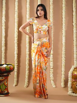 Ahi Clothing - Orange Forest Print Crepe Drape Indo Top With Skirt