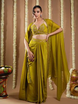 Ahi Clothing - Mehendi Green Crepe Drape Shrug And Bustier With Skirt