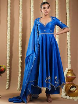 Ahi Clothing - Blue Silk Sweetheart Embroidered Anarkali with Palazzo and Dupatta