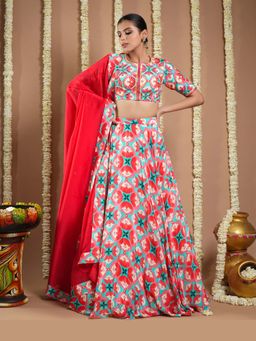 Ahi Clothing - Red Tile Printed Heavy Lehenga And Blouse With Dupatta