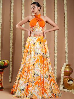 Ahi Clothing - Forest Orange Crepe Printed Corset Drape And Skirt