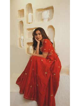 Ahi Clothing - Red Silk V-Neck Embroidered Anarkali with Palazzo and Dupatta