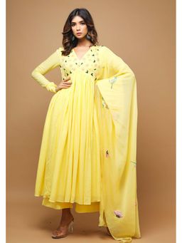 Ahi Clothing - Yellow Modal V-Neck Floral Anarkali with Palazzo and Dupatta
