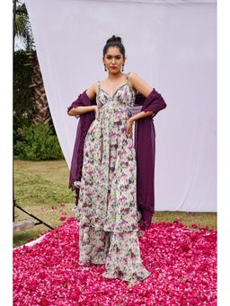 Ahi Clothing - Purple Organza Shoulder Straps Floral Anarkali with Palazzo and Dupatta