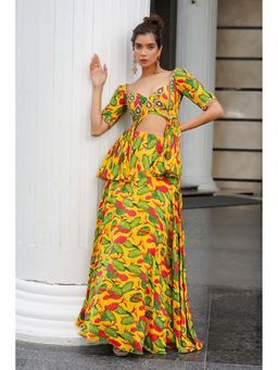 Ahi Clothing - Yellow Ginger Flower Peplum Top With Skirt