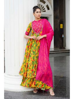 Ahi Clothing - Yellow Crepe Round Neck Floral Bustier with Anarkali with Palazzo with Dupatta