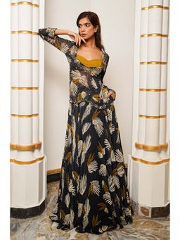 Ahi Clothing - Black Abstract Georgette Lehenga and Bustier with Short Kurta