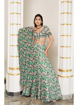 Ahi Clothing - Green Floral Georgette Lehenga And Blouse With Dupatta