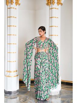 Ahi Clothing - Green Floral Cape Sleeve Indo Crepe Top With Skirt