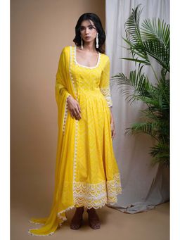 Ahi Clothing - Yellow Georgette Scoop Neck Printed Anarkali with Palazzo and Dupatta