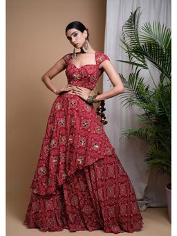 Ahi Clothing - Red Bandhani Digital Printed Indo Lehenga And Blouse