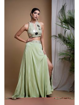 Ahi Clothing - Pastel Pistachio Green Indo Crepe Top With Skirt