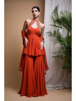 Ahi Clothing - Orange Georgette Halter Neck Embroidered Peplum Top with Sharara and Dupatta