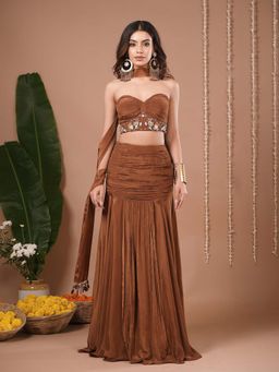 Ahi Clothing - Brown Indo Crepe Corset With Skirt And Dupatta