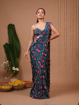 Ahi Clothing - Teal Blue Bandhej Printed Pre Drape Saree With Stitched Blouse with Stitched