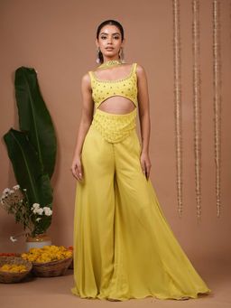 Ahi Clothing - Green Georgette Round Neck Embroidered Top with Palazzo with Dupatta