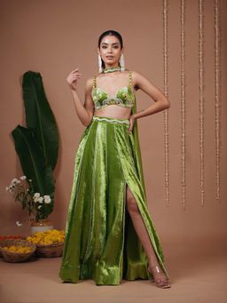 Ahi Clothing - Bright Green Velvet Indo Lehenga And Blouse With Dupatta