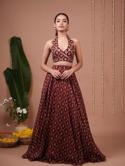 Ahi Clothing - Maroon Halter Lapel Neck Indo Lehenga And Blouse