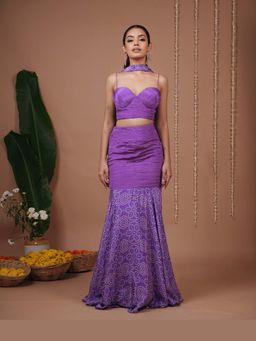 Ahi Clothing - Purple Bandhani Indo Corset With Skirt And Dupatta