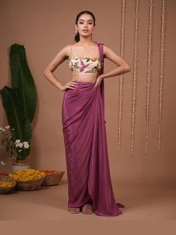 Ahi Clothing - Cream Print Indo Organza Pre Drape Saree With Stitched Blouse with Stitched