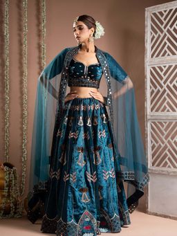 Ahi Clothing - Teal Heavy Velvet Lehenga And Blouse With Dupatta