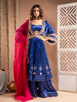 Ahi Clothing - Blue Velvet Sweetheart Embroidered Anarkali with Blouse with Palazzo with Dupatta