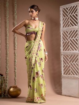 Ahi Clothing - Elephant Print Crepe Green Pre Drape Saree With Stitched Blouse with Stitched