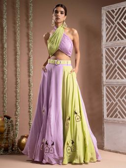 Ahi Clothing - Green Lilac Crepe Indo Top And Skirt With Belt