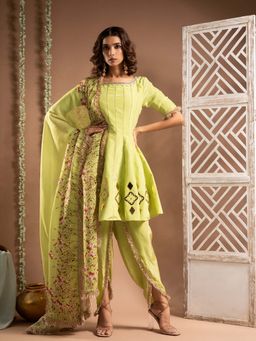 Ahi Clothing - Green Crepe Boat Neck Embroidered Anarkali Kurta with Salwar and Dupatta