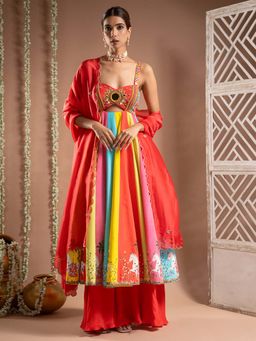 Ahi Clothing - Red Crepe Sweetheart Printed Anarkali with Palazzo and Dupatta