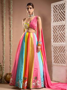 Ahi Clothing - Horse Print Multicolour Crepe One Shoulder Lehenga And Blouse