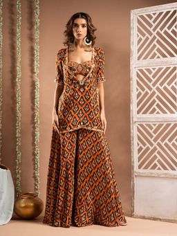 Ahi Clothing - Black Crepe Sweetheart Printed Kurta with Blouse and Palazzo