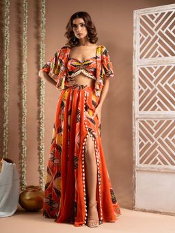 Ahi Clothing - Orange Kaudi Abstract Print Georgette Indo Top With Skirt