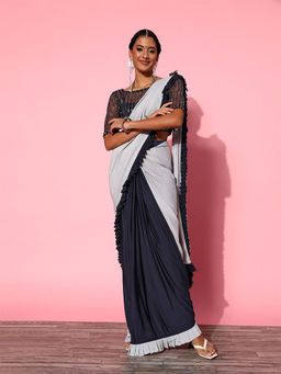 Odette - White & Black Solid Poly Silk Saree with Unstitched Blouse