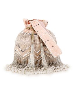 Anekaant - Dangle Peach and Silver Chevron Embellished Velvet Potli