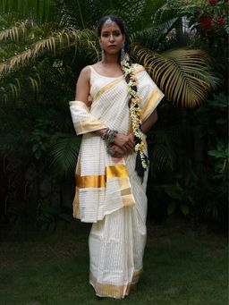 Teejh - Madhavi White and Gold Kerala Cotton Kasavu Saree with Unstitched Blouse