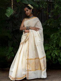 Teejh - Arandhini White and Gold Kerala Cotton Kasavu Saree with Unstitched Blouse