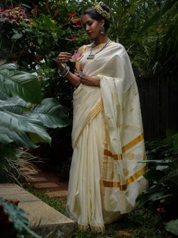 Teejh - Preetika White and Gold Kerala Cotton Kasavu Saree with Unstitched Blouse