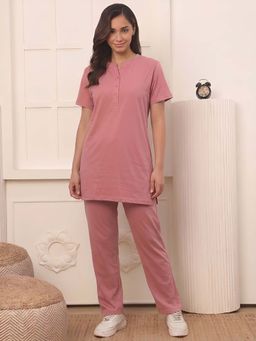 Indreams - Women Pink Solid Cotton Top with Pyjama
