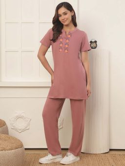 Indreams - Women Pink Floral Cotton Top with Pyjama