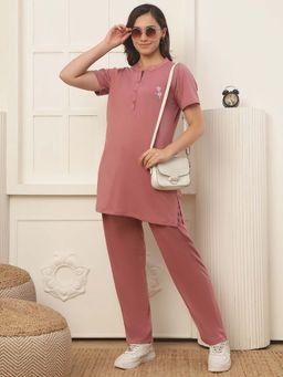 Indreams - Women Pink Floral Cotton Top with Pyjama