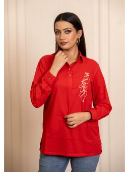 POMCHA - Sukoon Peacock Motif Red Tunic Top