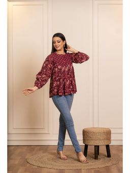 POMCHA - Sukoon Cotton Wine Floral Tunic Top